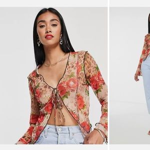 ASOS New Mesh Tie-Front Long Sleeve Animal Floral Print Top